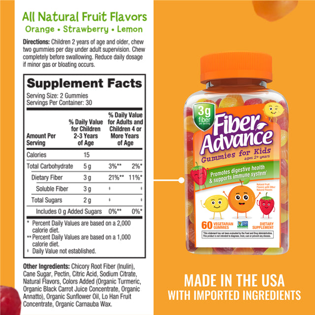 Fiber Advance Kids Digestive Health Fiber Supplement Gummies, Natural Fruit, 60 Count