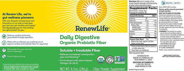 Renew Life Daily Digestive Organic Prebiotic Fiber Powder, Daily Supplement Supports Digestive and Immune Health, Soluble and Insoluble Fiber, Dairy and Soy Free, 8.5 Oz.