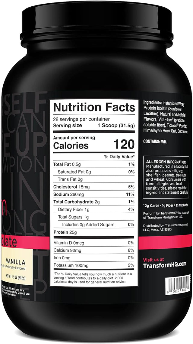 Transformhq Whey Protein Isolate 28 Servings (Vanilla) - Perform - Gluten Free, Non-Gmo