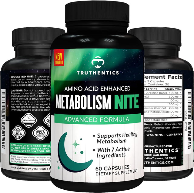 Night Metabolism Booster for Men & Women - Night Time Fat Burner, Overnight Weight Loss & Sleep Support - Muscle Recovery & Energy Amino Acids Supplement - 60 Capsules