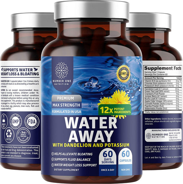 N1 Nutrition Premium Water Away Pills [Natural Diuretic] Enhanced with Dandelion Leaf Extract & Potassium for Water Retention, Bloating & Swelling Relief, Non-Gmo, 60 Caps