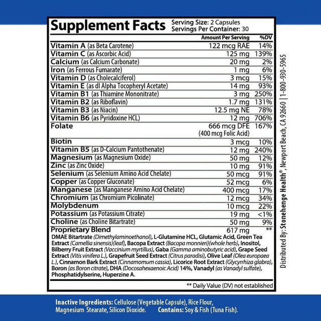 Stonehenge Health Dynamic Brain Supplement Memory, Focus, & Clarity Formulated with 40 Unique Nootropic Ingredients: Choline, Phosphatidylserine, Bacopa Monnieri, and Huperzine A