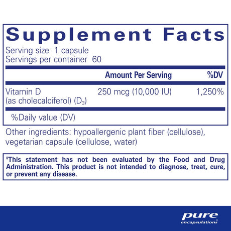 Pure Encapsulations Vitamin D3 250 Mcg (10,000 IU) | Supplement to Support Bone, Joint, Breast, Prostate, Heart, Colon and Immune Health* | 60 Capsules