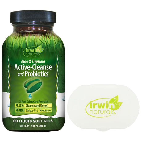 Irwin Naturals Active-Cleanse & Probiotics Aloe & Triphala Cleanse & Detox 2-Part Colon Care Formula - 60 Liquid Soft-Gels - Bundle with a Lumintrail Pill Case