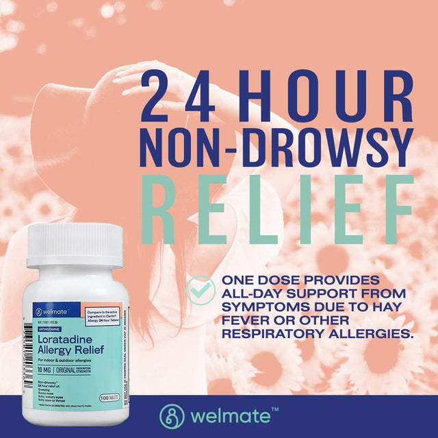 WELMATE Antihistamine Allergy Relief - Loratadine 10Mg - 24 Hour Relief - 100 Count Tablets