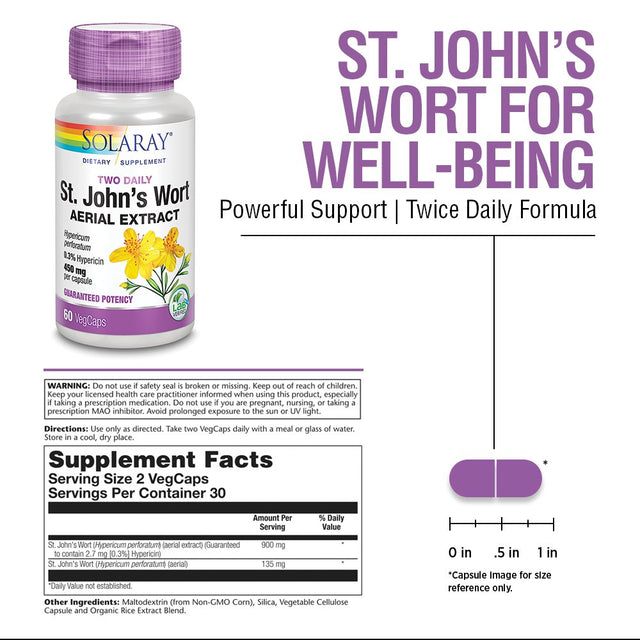 Solaray St. Johns Wort Aerial Extract 450Mg Two Daily | Mood & Brain Health Support | 0.3% Hypericin | 60Ct, 30 Serv.