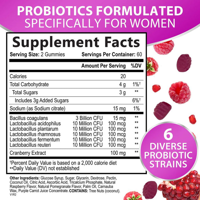 Probiotics for Women Gummy with Cranberry, 3 Billion CFU Guaranteed with 6 Diverse Strains, Womens Probiotic Gummies for Digestive, Vaginal Ph, Urinary & Immune Health Support, Non-Gmo - 120 Gummies