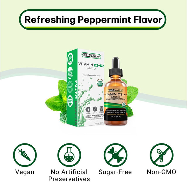 USDA Organic Vitamin D3 + K2 (MK-7) Sublingual Liquid Drops with MCT Oil | Peppermint Flavor | Helps Support Strong Bones and Healthy Heart, Boost Immune System