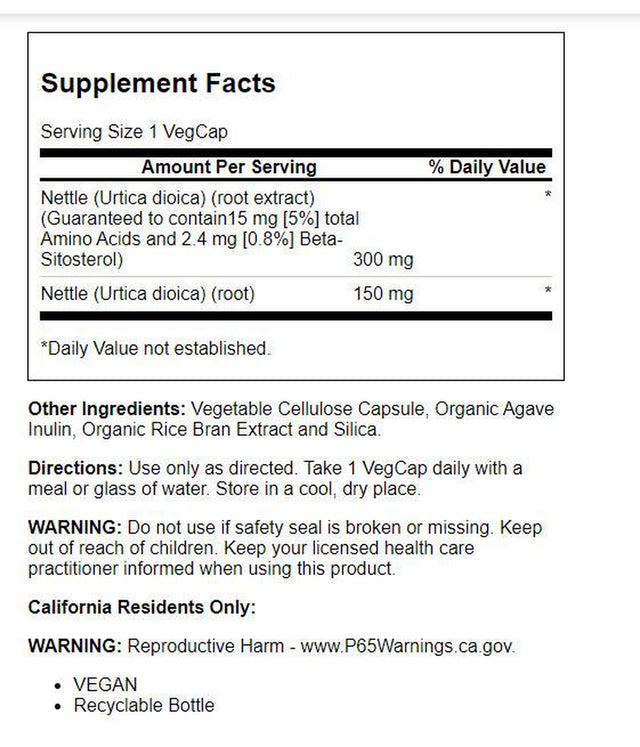 Solaray Nettle Extract 300 Mg, Healthy Urinary & Prostate Support for Men, W/ Amino Acids & Beta-Sitosterol, 60 Vegcaps