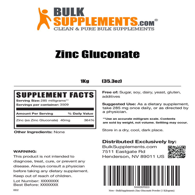 Bulksupplements.Com Zinc Gluconate Powder - Vitamin Zinc - Vegan Zinc - Raw Zinc - Elemental Zinc - Pure Zinc (1 Kilogram - 2.2 Lbs)