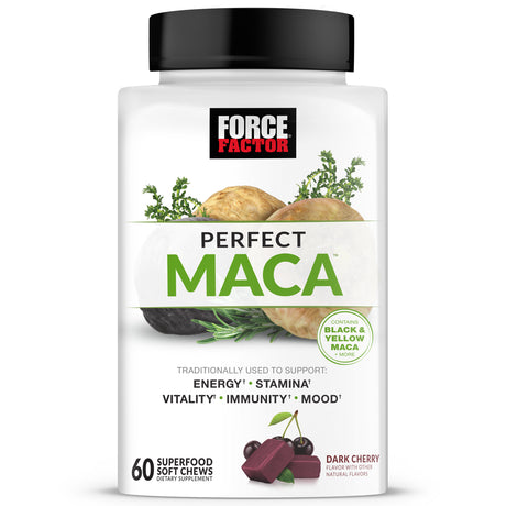 Force Factor Perfect Maca, Maca Root and DIM Supplement with Saffron to Boost Energy and Mood, with Yellow and Black Maca, Vitamins, Minerals, and Antioxidants, Dark Cherry Flavor, 60 Soft Chews