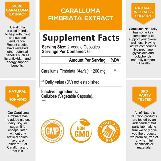 Pure Caralluma Fimbriata Extract Highly Concentrated 1200Mg - Natural Endurance Support, Best Vegan Supplement for Men & Women, Non-Gmo - 120 Capsules