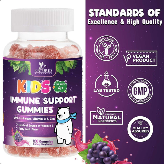 Kids Immune Support Gummies with Vitamin C, Zinc & Echinacea, Daily Childrens Immune Support Vitamin, Gluten Free & Non-Gmo Chewable Immune Support for Kids Gummy, Berry Flavored - 120 Gummies