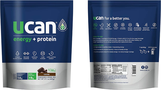 UCAN Energy + Whey Protein Powder - 19G per Serving with Amino Acids Eaas & Bccas - Keto Protein Powder - No Added Sugar, Gluten-Free - Cocoa - 12 Servings