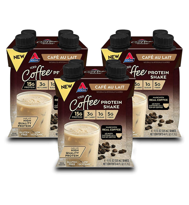 Atkins Café Au Lait Iced Coffee Protein Shake, 15G Protein, Low Glycemic, 3G Net Carb, 1G Sugar, Keto Friendly, 11 Fl Oz (Pack of 12)