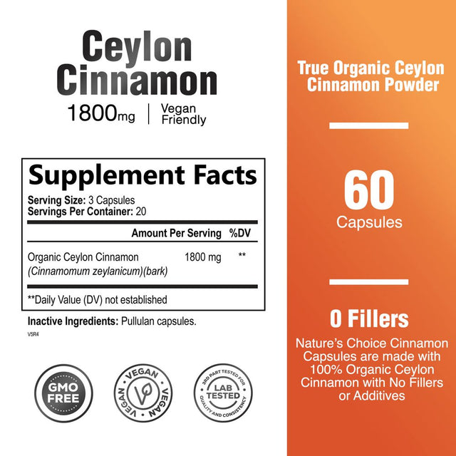 Ceylon Cinnamon Capsules - Certified Organic Cinnamon Pills, Non-Gmo, Dairy & Gluten Free, Sri Lanka Cinnamon Powder Supplement, Vegan True Cinnamomum Vitamins, Sugar Free, 60 Count Cinnamon Capsules