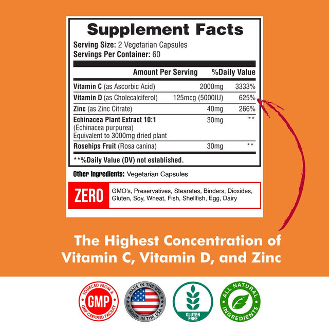 Vitamin C 2000MG, Zinc 40 Mg, Vitamin D3 5000 IU, Echinacea Extract, Rose Hip, Immune Support for Adults Kids, Immune Booster,120 Vegan Capsules, 60 Day Supply, Non GMO, No Filler, No Stearate