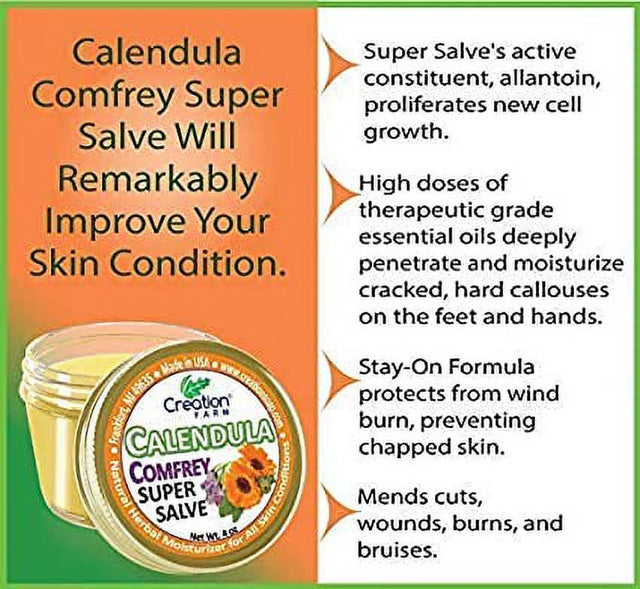 Calendula Comfrey Salve 2 Pack 4 Oz Jars, Herbal Skin Rash Ointment, Wound Treatment by Creation Farm