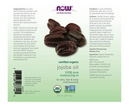 NOW Solutions, Organic Jojoba Oil, Moisturizing Multi-Purpose Oil for Face, Hair and Body, 8-Ounce