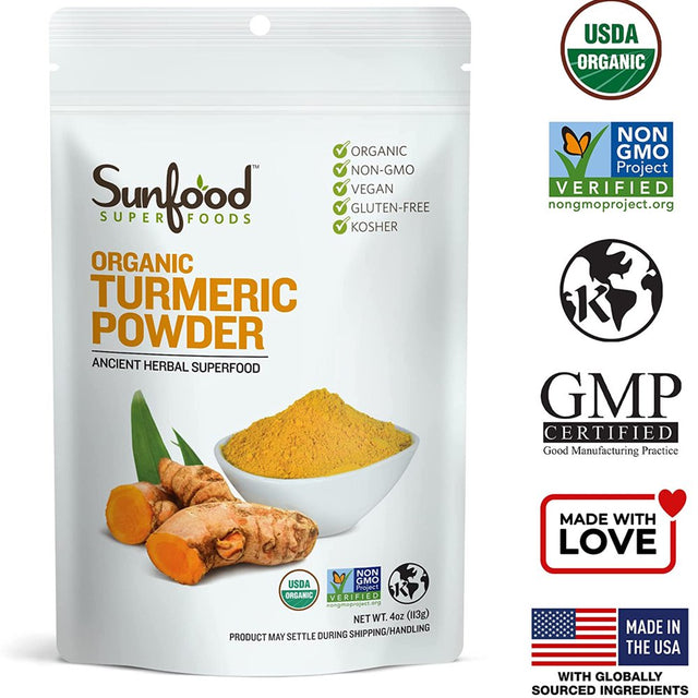 Sunfood Superfoods Organic Turmeric Root Powder Superfood with Curcumin, 4 Oz