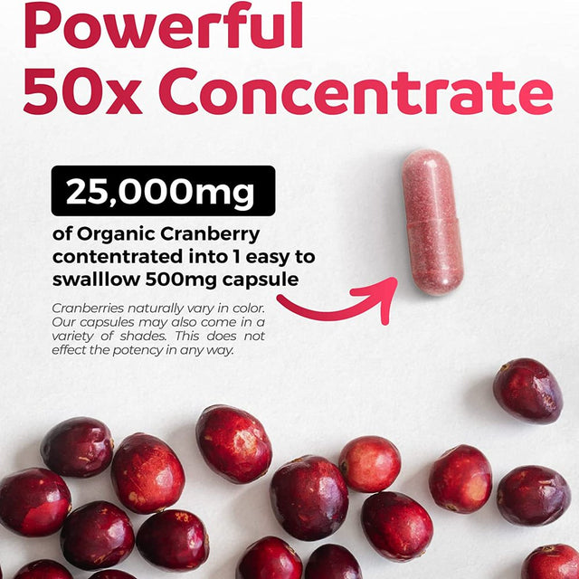 Pure Co Organic Cranberry Pills (50:1 Concentrate) - 500Mg Is Equivalent to 25,000Mg Fresh Cranberries - for Kidney Cleanse & UTI Support Vitamins - Fruit Extract Supplement, 60 Capsules