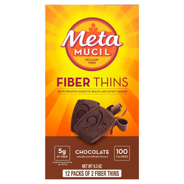 Metamucil Fiber Thins, Psyllium Husk Fiber Supplement for Digestive Health, Chocolate, 12 Count