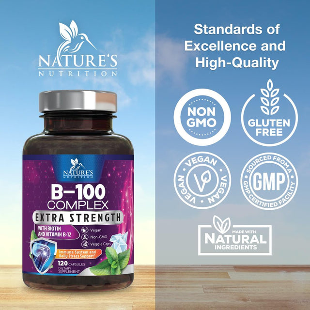 B Complex Vitamins with Vitamin C & Folic Acid - Dietary Supplement for Energy, Immune, & Brain Support - Nature'S Super B Vitamin Complex for Women and Men, Made with Folate - 120 Vegetarian Capsules