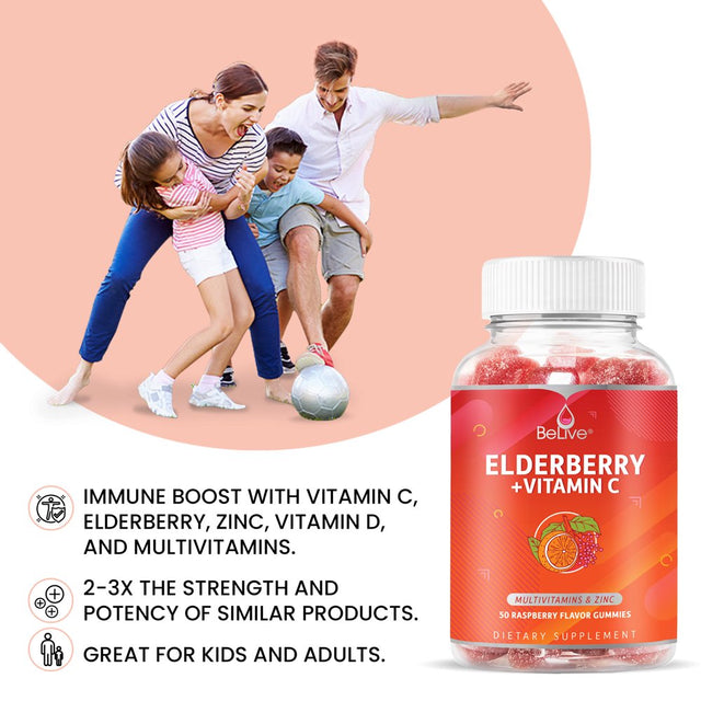 Belive Elderberry Gummies with Vitamin C – Double Strength Elderberry with Immune Boosting Vitamin D, B-Complex, and Zinc - Raspberry Flavor (50 Count)