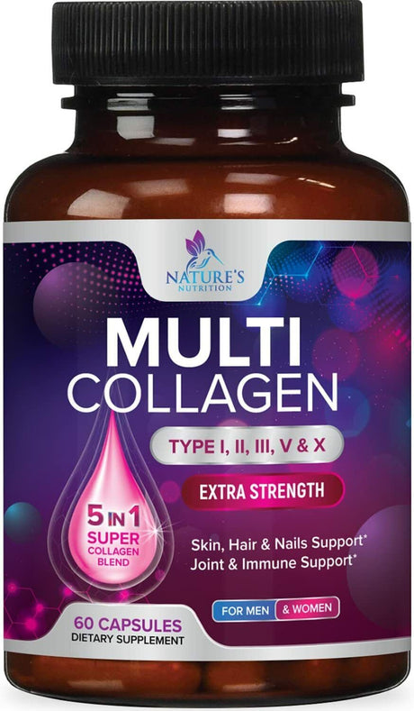 Collagen Peptides Pills 1000Mg Hydrolyzed Collagen Capsules (Types I,II,III,V,X) Size: 60 Capsules