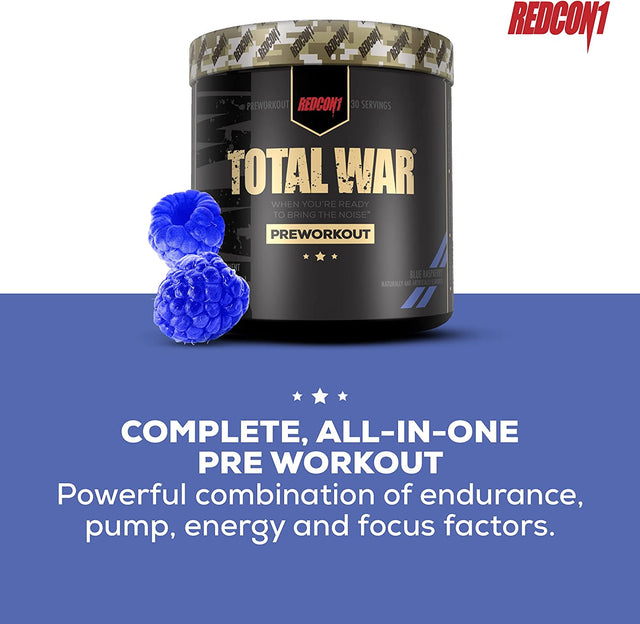 REDCON1 Total War Pre Workout Powder, Blue Raspberry - Beta Alanine + Citrulline Malate Keto Friendly Preworkout for Men & Women with 320Mg of Caffeine - Fast Acting (30 Servings)