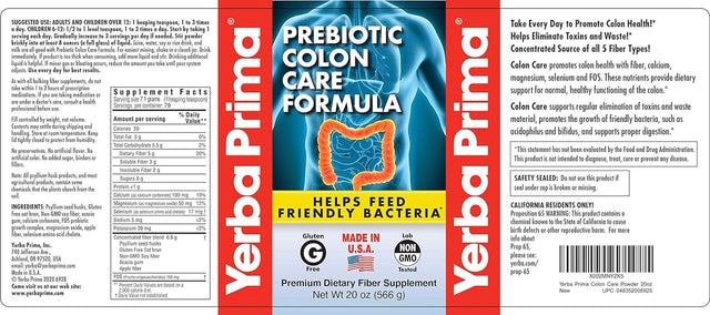 Yerba Prima Prebiotic Colon Care Formula, 20 Oz Powder with FOS - Natural Psyllium Fiber, Magnesium, Selenium - Non-Gmo, Gluten Free, Vegan Daily Supplement - for Men & Women