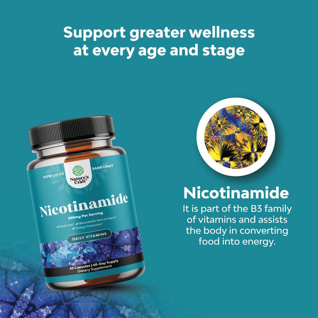 NAD Supplement Niacin 500Mg per Serving Flush Free - Nature'S Craft Nicotinamide Vitamins for Immune Support Energy Boost & Brain Health - Vitamin B3 Supplement Niacinamide 500 Mg per Serving Capsules