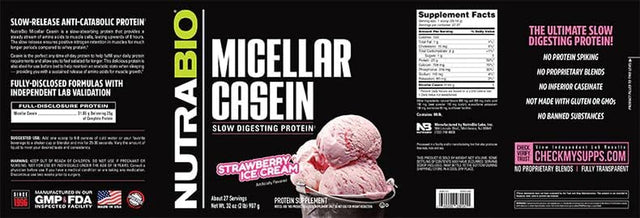 Nutrabio Micellar Casein - Protein Powder, 2 Lbs Strawberry Ice Cream - Slow Digesting - Muscle Growth - Essential Amino Acids - Non-Gmo - Gluten & Soy Free