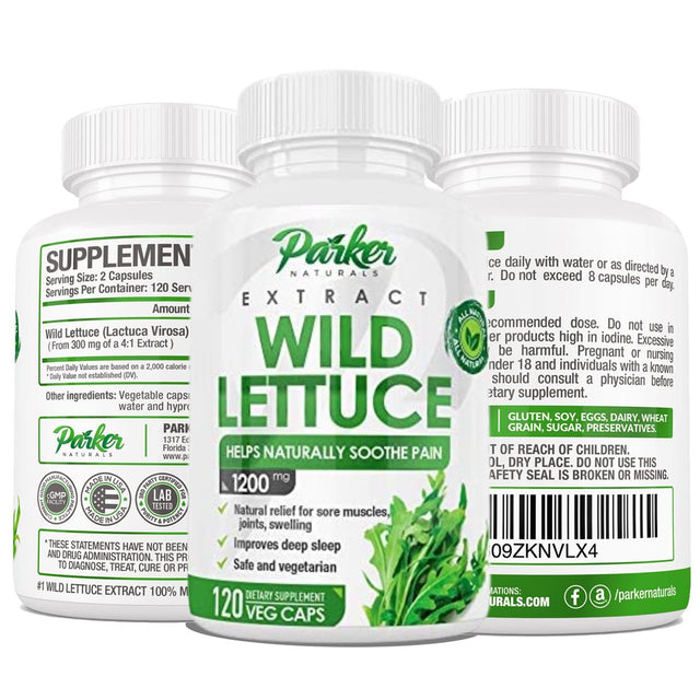 Parker Naturals Wild Lettuce Capsules 1200Mg 120Ct Natural Relief for Sore Muscles, Joints, and Swelling. Improved Sleep, Vegetarian, Made in the USA