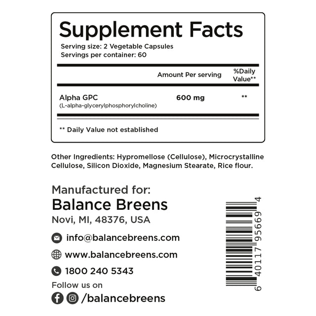 Balance Breens Alpha GPC Supplement 600Mg - 120 Vegan Capsules - Cognitive Support - Gluten Free and Non-Gmo