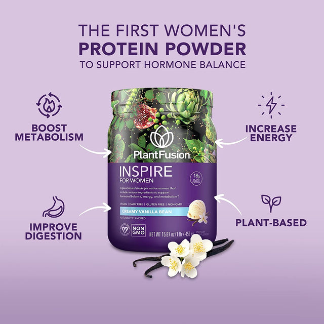 Plantfusion Inspire Plant Protein Powder for Women - Low Carb Protein Powder for Lean Muscle Support - Keto, Gluten Free, Soy Free, Non-Dairy, No Sugar, Non-Gmo - Creamy Vanilla Bean 1 Lb