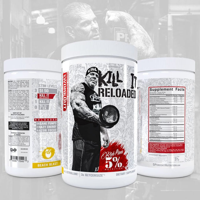 Rich Piana 5% Nutrition Kill IT Reloaded Premium Pre-Workout | High Stim, Nitric Oxide Boosters, Beta Alanine, Glycersize, Creatine, Nootropics for Energy, Focus, Performance & Pump (Beach Blast)