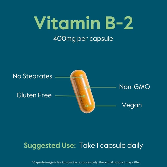 BESTVITE Vitamin B-2 (Riboflavin) 400Mg (120 Vegetarian Capsules) - No Stearates - Vegan - Non GMO - Gluten Free