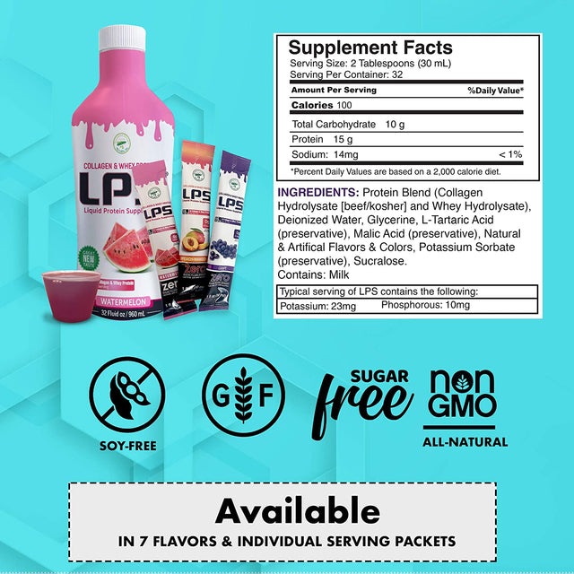 Nutritional Designs LPS Liquid Collagen & Whey Protein Supplement - Non-Gmo Drink, Sugar-Free - Promotes Healthy Skin & Hair for Men & Women, Watermelon, Single Serve (25 Packets)