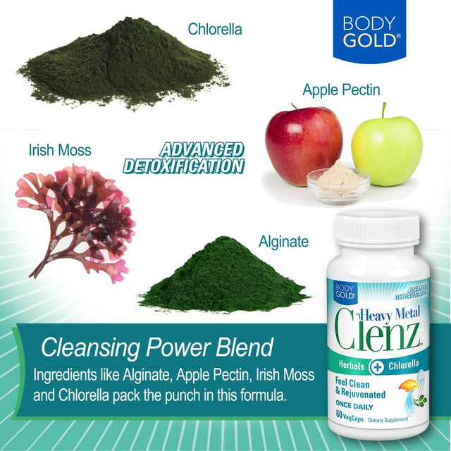 Body Gold Heavy Metal Clenz | Herbals & Chlorella for Healthy Detoxification & Cleansing Support | 30 Serv, 60 Vegcaps