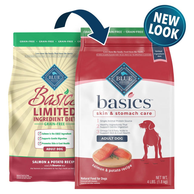 Blue Buffalo Basics Skin & Stomach Care Salmon and Potato Dry Dog Food for Adult Dogs, Grain-Free, 4 Lb. Bag