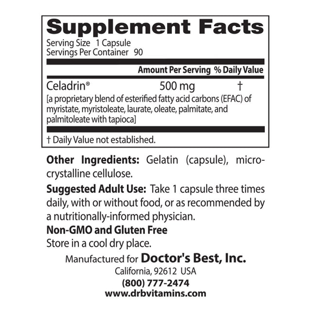 Doctor'S Best Celadrin, Non-Gmo, Gluten Free, Joint Support, 500 Mg, 90 Caps