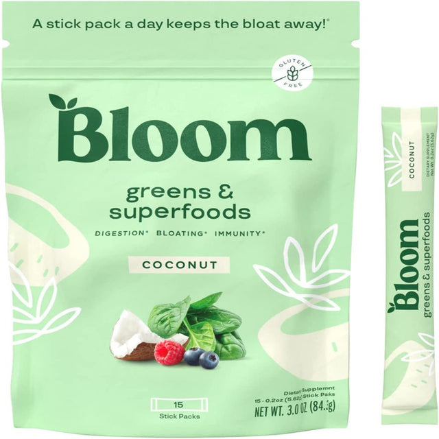 Bloom Nutrition Super Greens Powder Smoothie Mix, 15 Stick Packs - Probiotics for Digestive Health & Bloating Relief for Women, Digestive Enzymes with Organic Superfoods for Gut Health (Coconut)