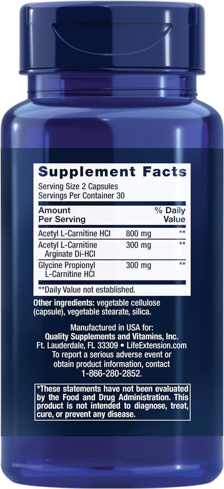 Life Extension Optimized Carnitine – L-Carnitine Supplement - Supports Heart, Brain Health& Exercise Recovery – Gluten-Free – Non-Gmo – 60 Capsules