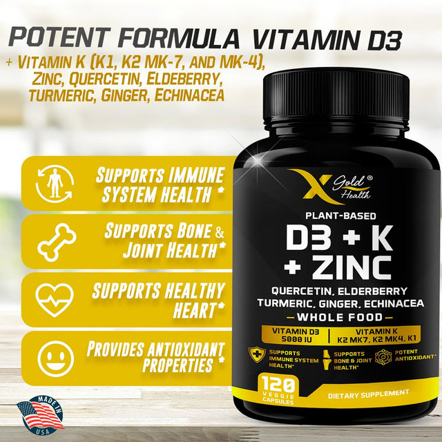 X Gold Health Vitamin D3 + K Complex Supplement: Vitamin D3 5000 IU with Vitamin K2 MK7, MK4 and K1 Capsules, 120 Count