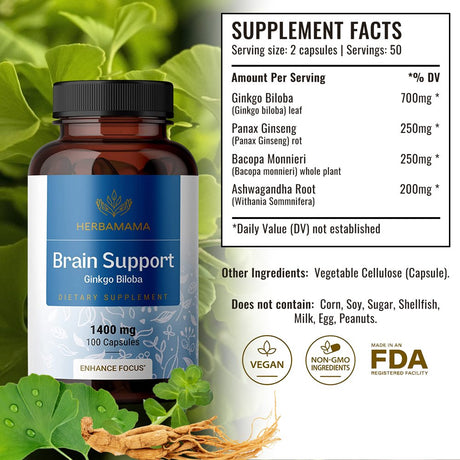 HERBAMAMA Brain Support 100 Caps- Memory & Focus Supplement- Ginkgo Biloba, Ginseng, Bacopa