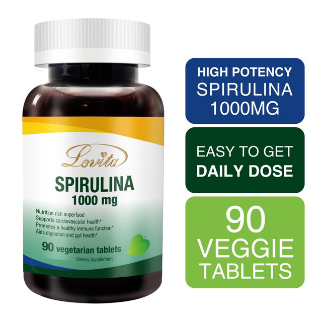 Lovita Spirulina Tablet 3000Mg Maximum Strength, Spirulina Organic 1000Mg per Tablet, Natural Multivitamin Superfood, 100% Vegan, Non-Irradiated, 90 Vegetarian Tablets