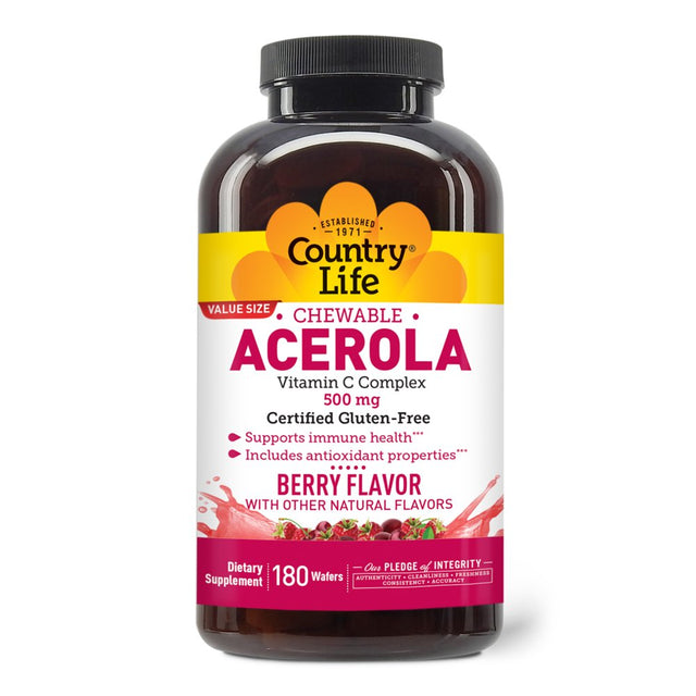 Country Life Chewable Acerola, Vitamin C Complex, Berry, 500 Mg, 180 Wafers