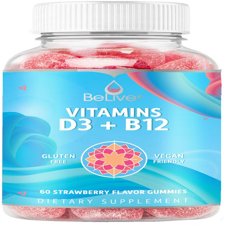 Belive Vitamin D3 Gummies with B12 Vitamins – for Immune Support, Energy & Bone Health – Vegan Friendly, Gluten Free, Strawberry Flavor (60 Count)