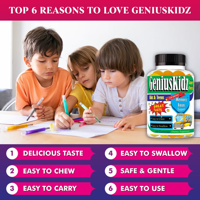 Geniuskidz Brain Focus Supplement Kids Focus and Attention Supplements Brain Booster Vitamins for Kids,Omega 3 Gummies for Kids & Teens- 60Ct